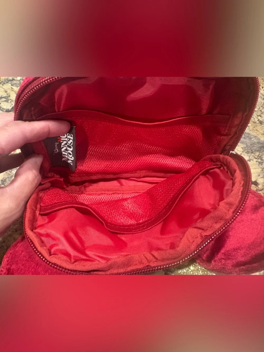 Red Velvet Minnie-Ear waistband bag with Gold Glitter Bow